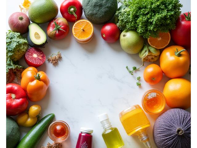 Table avec des fruits, légumes, et équipements de méditation pour un atelier bien-être.